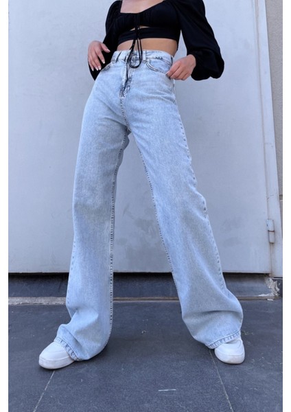 Bhava Mavi Likralı Kadın Yüksek Bel Bol Paça Denim Kot Palazzo Pantolon indirimleri