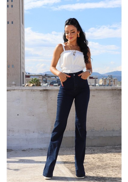 Paula Koyu Mavi Ispanyol Paça Yüksek Bel Kot Pantolon (Toparlayıcı)