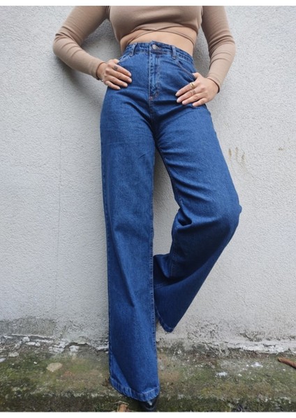 Mavi Yüksek Bel Bol Paça Denim Kot Pantolon modelleri