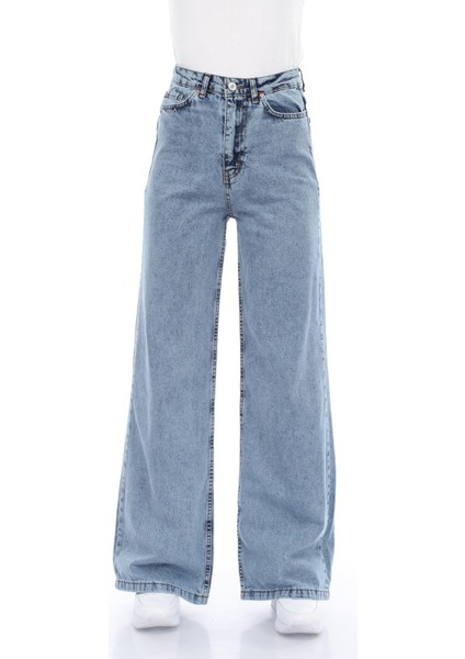 Mavi Kar Yıkamalı Likralı Salaş Bol Paça - Wide Leg Jeans (Süper Yüksek Bel)
