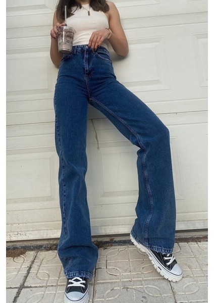 Luga Koyu Mavi Likralı Süper Yüksek Bel Salaş Jeans Palazzo Pantolon- Bol Paça modelleri