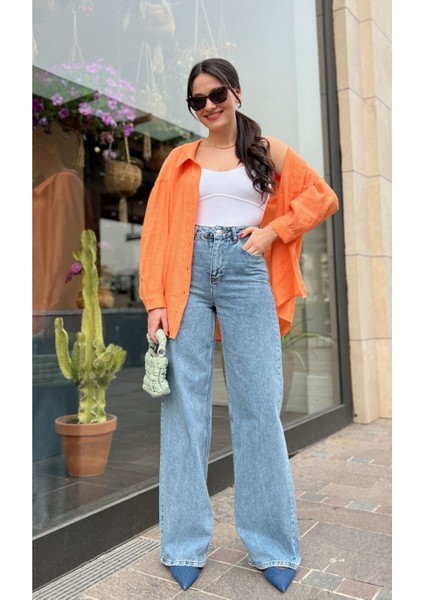Lala Mavi Likralı Süper Yüksek Bel Salaş Jeans Palazzo Pantolon-Wide Leg