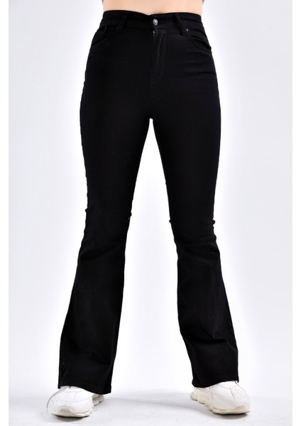 Depression Solmayan Siyah Flare Jeans - Kadın Yüksek Bel Ispanyol Paça Toparlayıcı Kot Pantolon