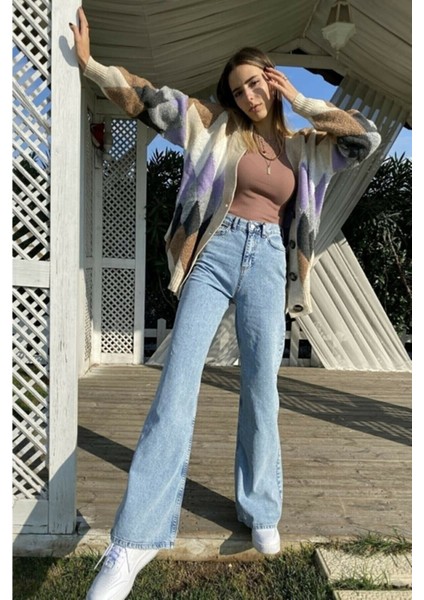 Julia 90's Kar Yıkama Mavi Likralı Süper Yüksek Bel Salaş Jeans Palazzo Pantolon