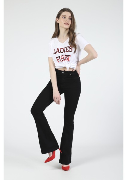 Olivia Kadın Siyah Yüksek Bel Ispanyol Paça Solmayan Jeans Kot Pantolon