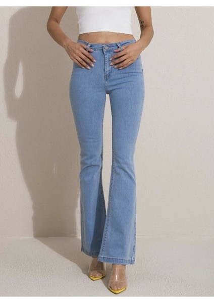 Kadın Elvis Açık Mavi Ispanyol Paça Kot Pantolon