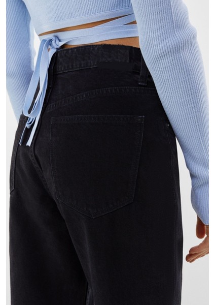 Love - Kadın Siyah Geniş Kalıp Likralı Mom Jean - Bir Beden Küçük Alınız fiyatları