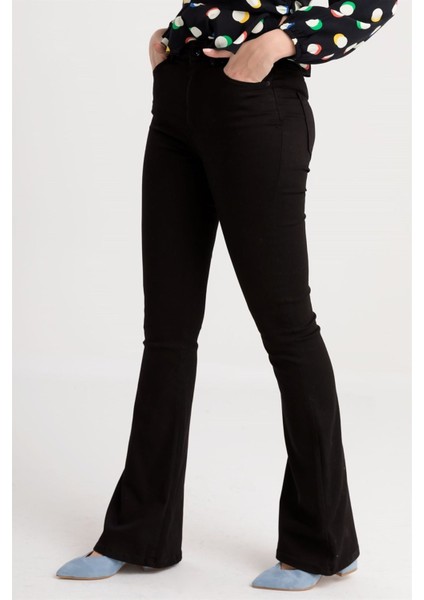 Adriana Kadın Siyah Yüksek Bel Likralı Ispanyol Paça Solmayan Jeans Kot Pantolon fırsatları