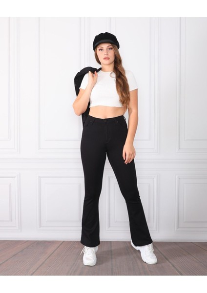 Extra Siyah Ispanyol Paça Likralı Jeans Kot Pantolon