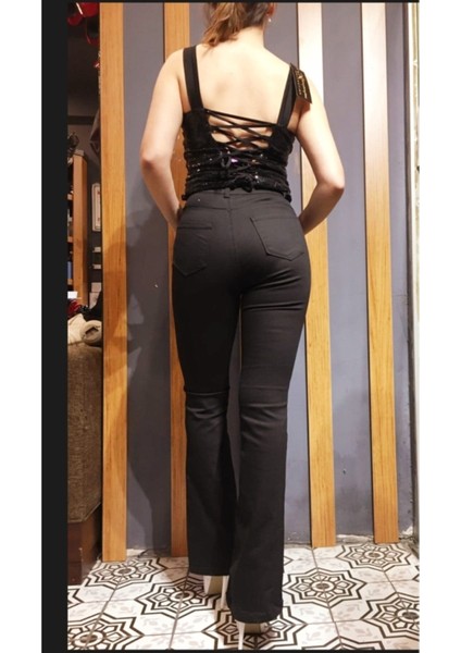 Marie Simsiyah Ispanyol Paça Kot Pantolon Flare Jeans - Tam Kalıp fırsatları