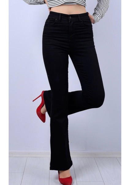 Yüksek Bel Ispanyol Paça Solmayan Siyah Jeans Kot Pantolon fiyatları