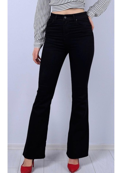 Yüksek Bel Ispanyol Paça Solmayan Siyah Jeans Kot Pantolon modelleri