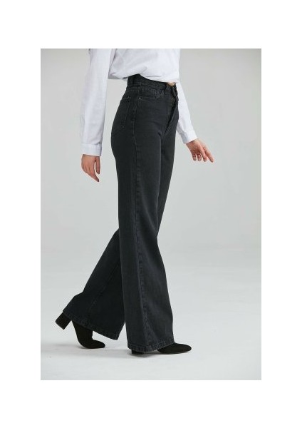 Femme Siyah Likralı Salaş Bol Paça Jean - Süper Yüksek Bel Solmaz Kumaş Kot Pantolon