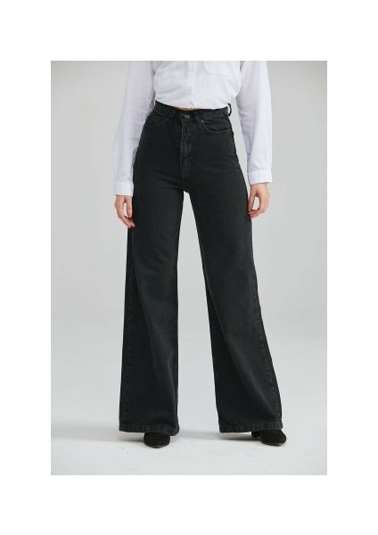 Femme Siyah Likralı Salaş Bol Paça Jean - Süper Yüksek Bel Solmaz Kumaş Kot Pantolon modelleri