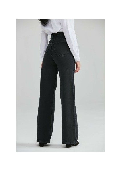 Femme Siyah Likralı Salaş Bol Paça Jean - Süper Yüksek Bel Solmaz Kumaş Kot Pantolon fırsatları