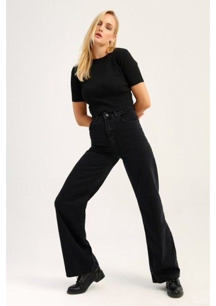Vogel Kadın Siyah Likralı Süper Yüksek Bel Jean Salaş Geniş Paça Kot Pantolon (Süper Yüksek) fiyatları