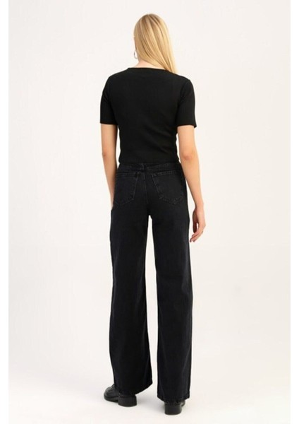 Vogel Kadın Siyah Likralı Süper Yüksek Bel Jean Salaş Geniş Paça Kot Pantolon (Süper Yüksek) indirimleri