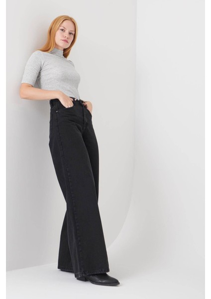 Kadın Siyah Cep Detaylı Süper Yüksek Bel Wide Leg Jeans Salaş Bol Paça Kot Pantolon ( Likralı )