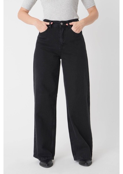 Kadın Siyah Cep Detaylı Süper Yüksek Bel Wide Leg Jeans Salaş Bol Paça Kot Pantolon ( Likralı ) fiyatları