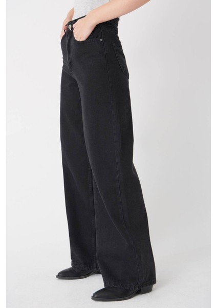 Kadın Siyah Cep Detaylı Süper Yüksek Bel Wide Leg Jeans Salaş Bol Paça Kot Pantolon ( Likralı ) fırsatları
