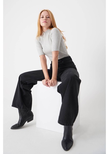 Kadın Siyah Cep Detaylı Süper Yüksek Bel Wide Leg Jeans Salaş Bol Paça Kot Pantolon ( Likralı ) indirimleri