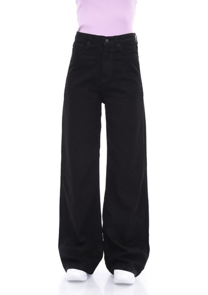 L.o.v.e. Solmayan Siyah Likralı Bol Paça Jean - Salaş Süper Yüksek Bel Kot Pantolon (Süper Yüksek)