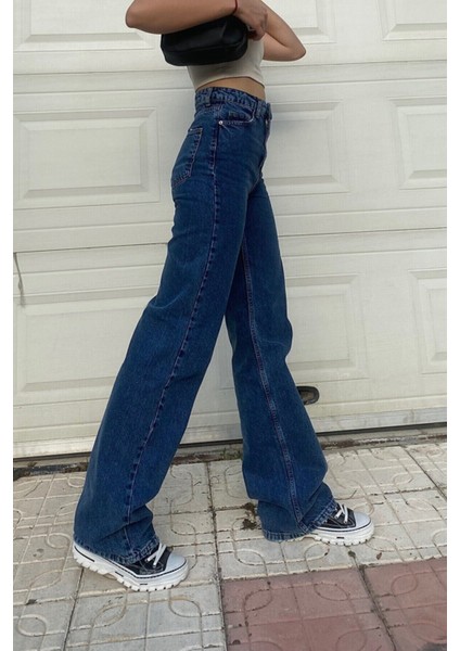 Koyu Mavi Likralı Süper Yüksek Bel Jean Salaş Geniş Paça Kot Pantolon fiyatları