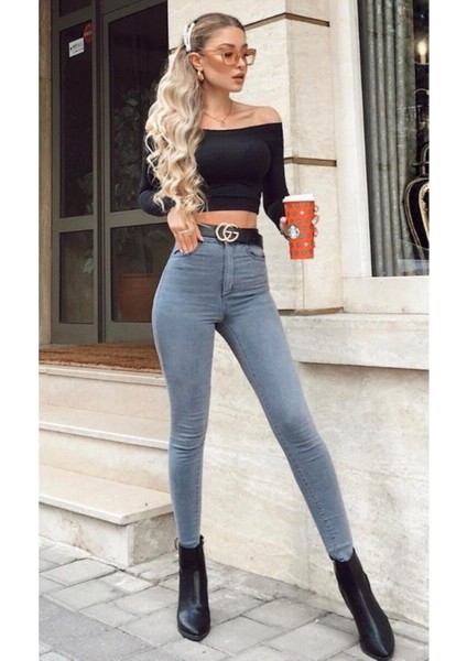 Gri Kot Pantolon Dar Paça Yüksek Bel - Skinny Jeans