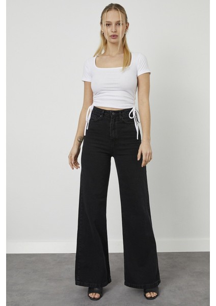 Love Solmayan Siyah Likralı Salaş Jean - Süper Yüksek Bel Bol Paça Kot Pantolon (Süper Yüksek)