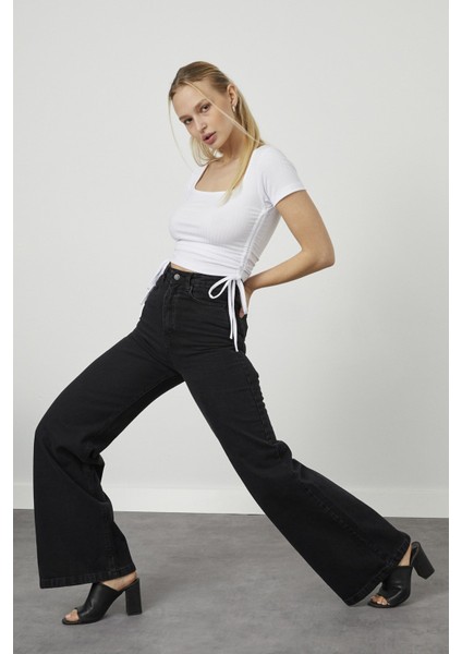 Love Solmayan Siyah Likralı Salaş Jean - Süper Yüksek Bel Bol Paça Kot Pantolon (Süper Yüksek) modelleri