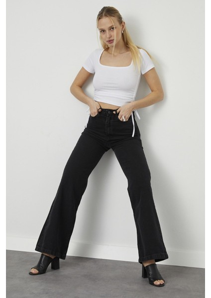 Love Solmayan Siyah Likralı Salaş Jean - Süper Yüksek Bel Bol Paça Kot Pantolon (Süper Yüksek) fırsatları