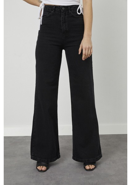 Love Solmayan Siyah Likralı Salaş Jean - Süper Yüksek Bel Bol Paça Kot Pantolon (Süper Yüksek) indirimleri