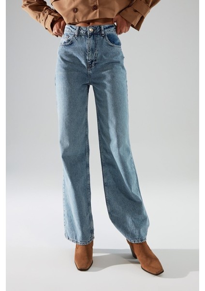 Lydia Solmayan Mavi Kar Yıkama Likralı Salaş Jean - Süper Yüksek Bel Bol Paça Kot Pantolon fiyatları