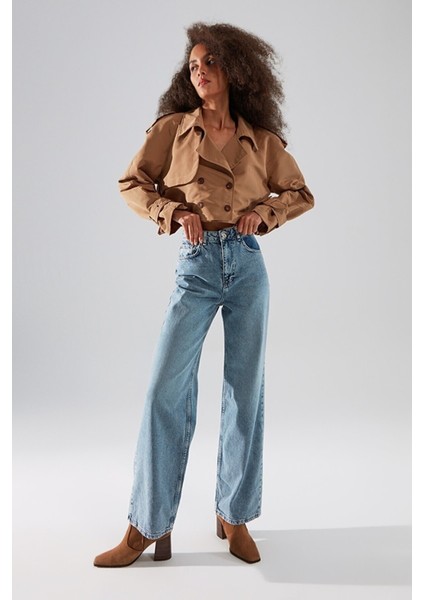 Lydia Solmayan Mavi Kar Yıkama Likralı Salaş Jean - Süper Yüksek Bel Bol Paça Kot Pantolon fırsatları