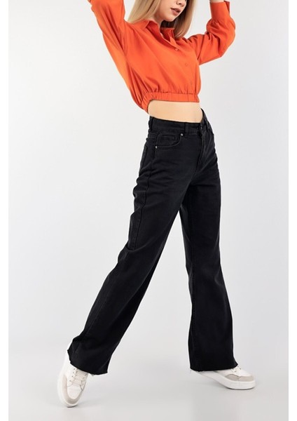 Caremel Siyah Rahat Kalıp Wide Leg Jeans - Salaş Süper Yüksek Belli Likralı Kot Pantolon fiyatları