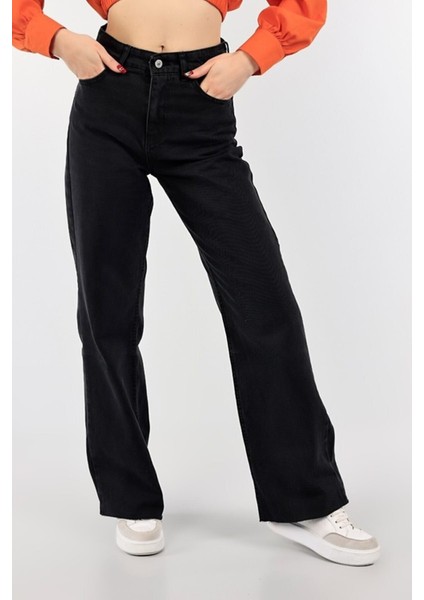 Caremel Siyah Rahat Kalıp Wide Leg Jeans - Salaş Süper Yüksek Belli Likralı Kot Pantolon modelleri