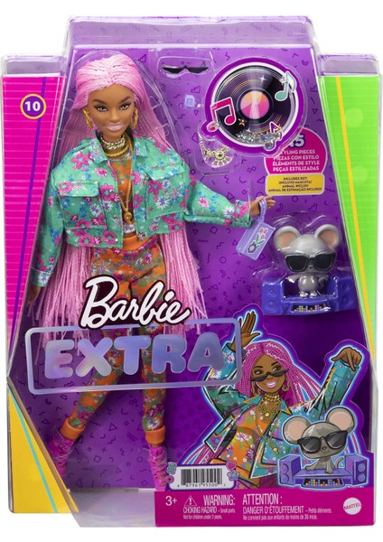 Barbie® Extra Bebek ile Hayvan Dostu DJ Fare; pembe renkli çok uzun örgülü saçlı; çiçek desenli ceket; bükülebilen esnek eklemli; 3 yaş ve üzeri GXF09