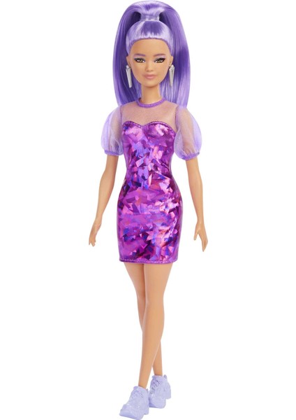 Fashionistas Bebek No. 178; Minyon; Uzun Mor Saçlı; Metalik Mor Elbise; Mor Spor Ayakkabı; 3-8 Yaş Arası Hbv12
