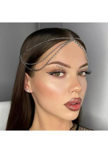 Kristal Taşlı Saç Aksesuarı Gelin Tacı Nişan Nikâh Kına Saç Zinciri