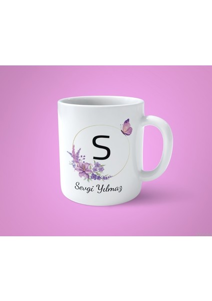 Kişiye Özel S Baş Harfli İsimli Mor Çerçeveli Beyaz Kupa Bardak-1