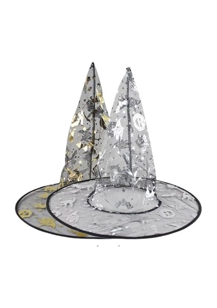 Halloween Çift Taraflı Altın Gümüş Renk Ürkünçler Desenli Yetişkin Çocuk Uyumlu Transparan Cadı Şapkası 1 Adet