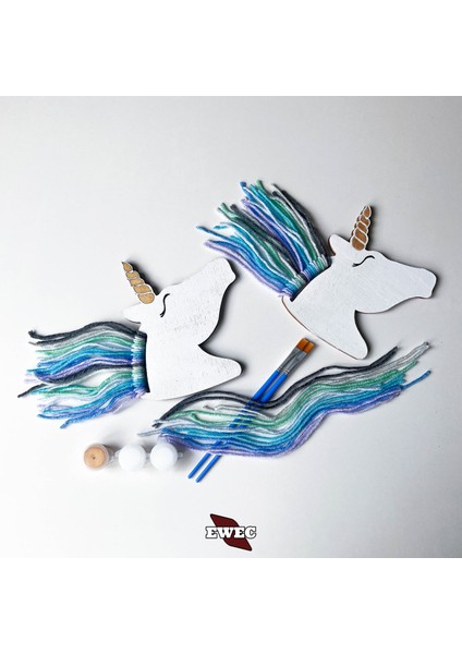 Unicorn 2'li Çocuk Eğitim Seti, Ipli ve Boyamalı Eğitici Ahşap Oyuncak, El Becerisi Hobi Eğitim Seti