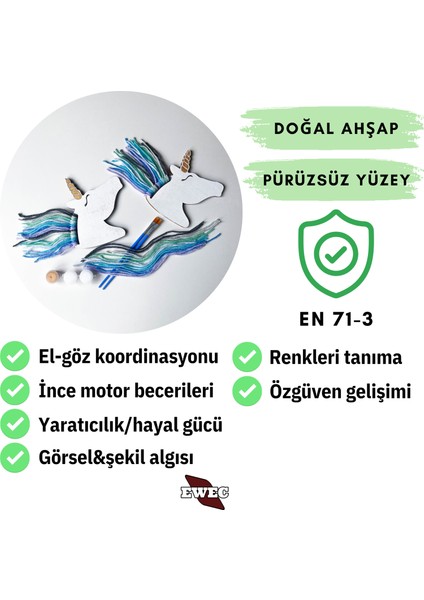 Unicorn 2'li Çocuk Eğitim Seti, Ipli ve Boyamalı Eğitici Ahşap Oyuncak, El Becerisi Hobi Eğitim Seti