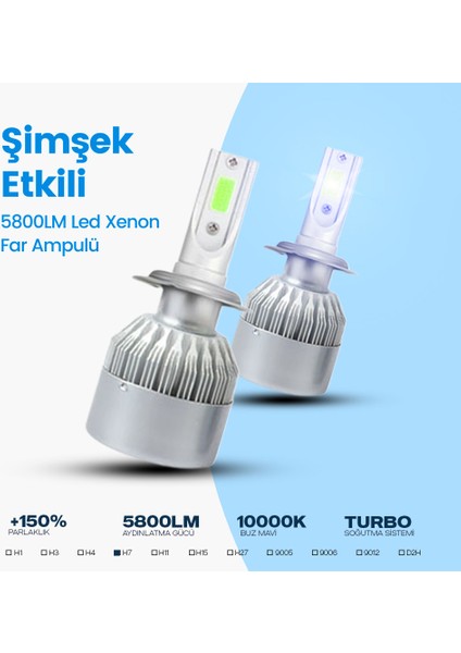 H7 Buz Mavi C6 LED Xenon Far Ampulü Şimşek Etkili 5800LM Chip On Board 10000K