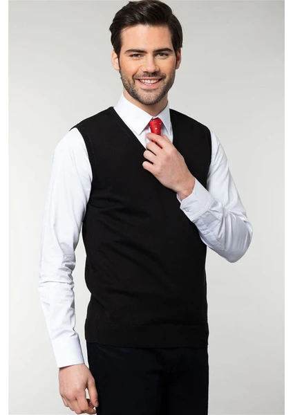 Slim Fit Dar Kesim V Yaka Kendinden Desenli Erkek Süveter