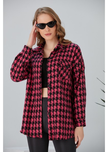 Kadın Pembe Siyah Büyük Kazayağı Oduncu Oversize Tunik Boy Etek Ucu Püsküllü Ceket Gömlek