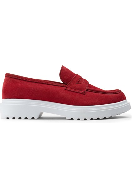Hakiki Süet Kırmızı Loafer Kadın Ayakkabı