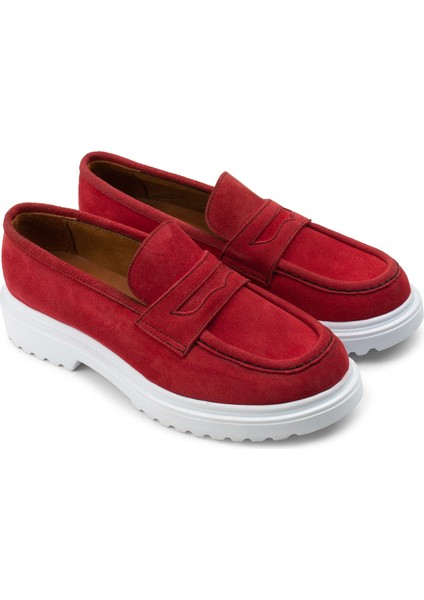 Hakiki Süet Kırmızı Loafer Kadın Ayakkabı
