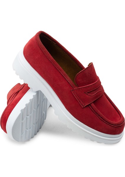 Hakiki Süet Kırmızı Loafer Kadın Ayakkabı