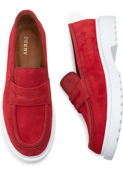 Hakiki Süet Kırmızı Loafer Kadın Ayakkabı